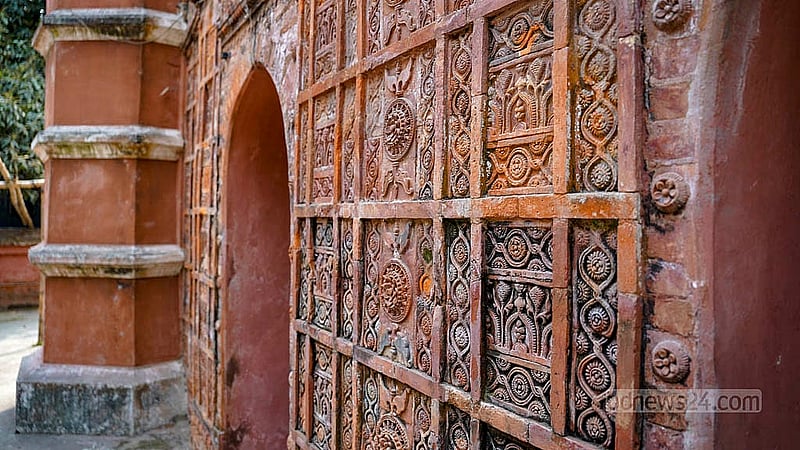 The red brick structure and decorative walls are the highlights of the historic Atia Mosque in Tangail. Photo: Tanzinur Rahman Bhuiyan