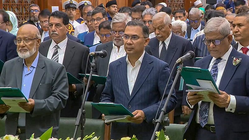 Khandaker Mosharraf Hossain, Tarique Rahman, and Mirza Fakhrul Islam Alamgir at the oath-taking ceremony of members of parliament in the Oath Room of the Parliament Building on Tuesday. Photo: BNP Media Cell