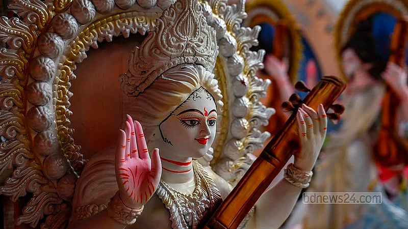 Several Saraswati idols at the Ramna Kali Temple are nearly complete and ready to be moved to pandals. Photo: Mahmud Zaman Ovi