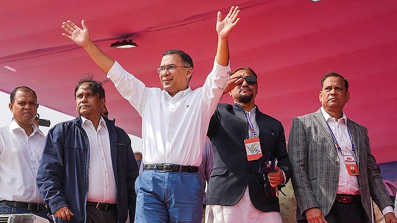 BNP Chairman Tarique Rahman greets party leaders, activists and supporters with a wave during a campaign rally at Chattogram’s Polo Ground on Sunday, Jan 25, 2026.Photo: BNP Media Cell