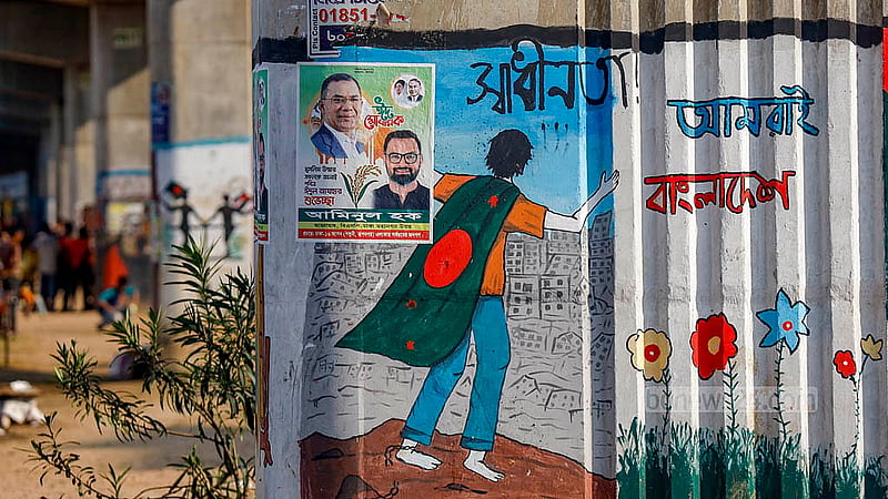 July Uprising graffiti drawn on the pillars of the Kalshi Flyover in Dhaka’s Mirpur is covered up by posters. Photo: Mahmud Zaman Ovi