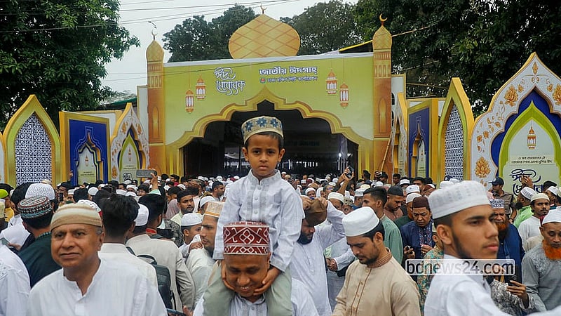 Devotees return home after Eid-ul-Fitr prayers at the National Eidgah on Saturday morning. Photo: Abdullah al Momin