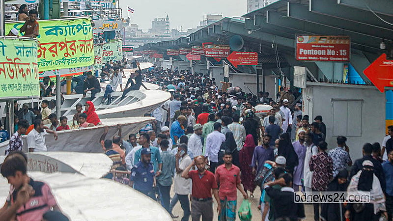 People leave Dhaka via the Sadarghat launch terminal on Friday, May 29, 2026, the second day of Eid-ul-Azha, to celebrate with their loved ones.  Photo: Abdullah Al Momin