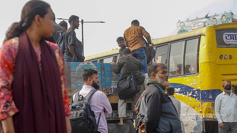 Many people went to Gabtoli Bus Terminal hoping for a bus to return home around the holiday, but were disappointed. Those unable to find a bus resorted to travelling by trucks. Photo: Mahmud Zaman Ovi