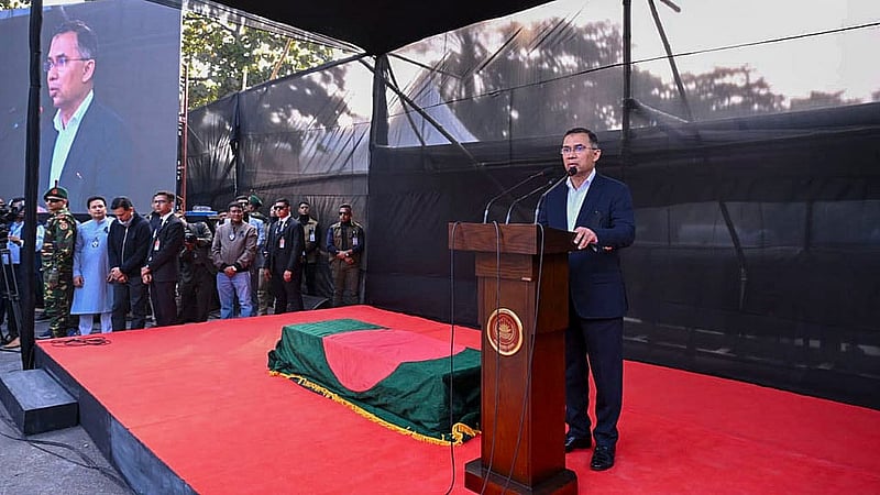 BNP Acting Chairman Tarique Rahman addresses mourners in a brief one-minute speech ahead of the funeral prayers of his mother, former prime minister and BNP chairperson Khaleda Zia, at the National Parliament premises on Wednesday, Dec 31, 2025. Photo: PID