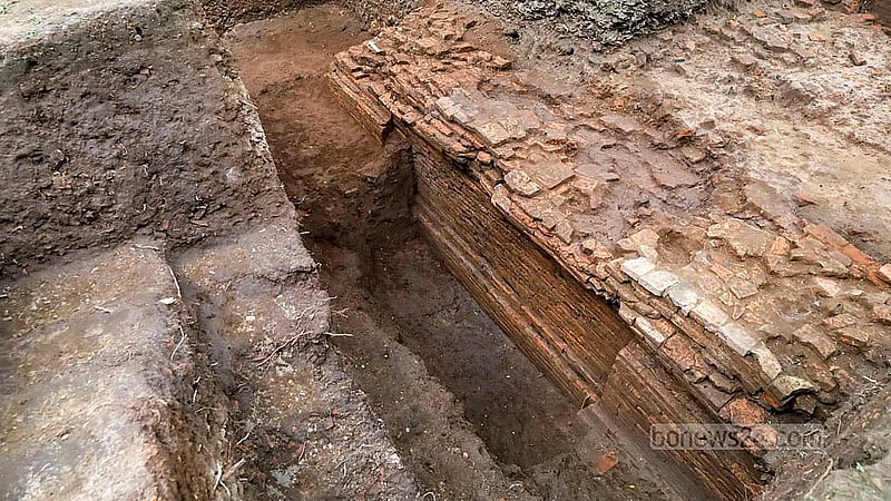 Archaeologists say that the first archaeological site has been found south of the Shalban Buddhist Monastery in the Lalmai Hills. They believe that it could be part of the “Pattikera” hamlet in the Mainamati region of Cumilla, which dates back to the 7th-8th century CE. Photo: Tanvir Dipu