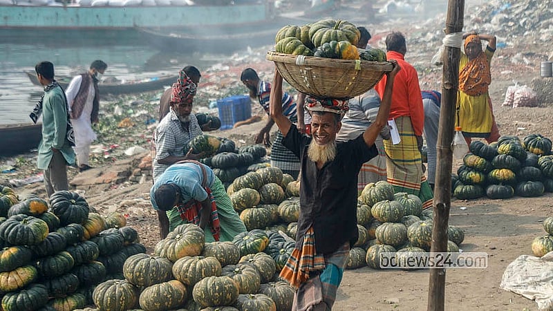 Pumpkins from Munshiganj’s Arial Beel arrive at Shyambazar Ghat in Old Dhaka. They are carried on heads to nearby wholesale markets. Photo: Abdullah al Momin