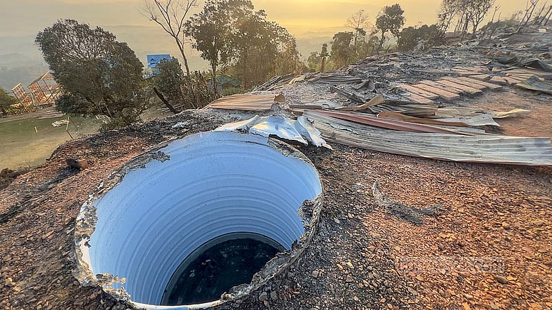 A view of Ruilui Para in Rangamati’s Sajek on Tuesday, Feb 25, 2025 shows the debris left behind after a blaze gutted most of the hotels in the area. Photo: Samir Mallik