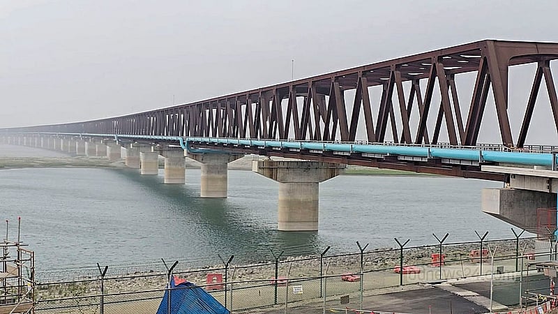 The Jamuna Rail Bridge, which sits 300m upstream of the Jamuna Multipurpose Bridge, has been constructed upon 50 pillars and 49 spans to enhance connectivity between the capital, Dhaka, and the northern and western regions of the country. Photo taken on Tuesday, Mar 18, 2025