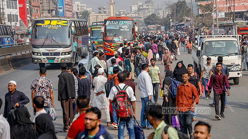 People of all ages wait for buses at the Gabtoli Bus Terminal on Tuesday, Feb 10, 2026, as many are leaving Dhaka for the four-day break around the national election. Photo: Mahmud Zaman Ovi