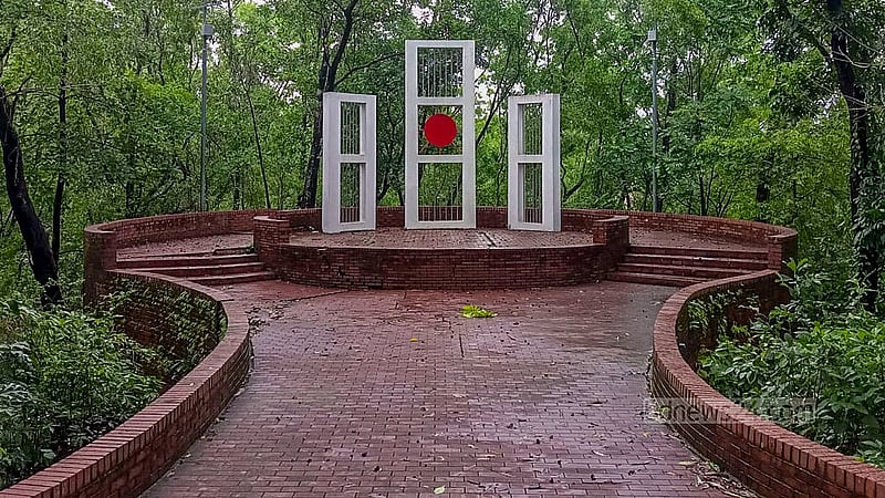 The Shaheed Minar monument at Sylhet’s Shahjalal University of Science and Technology stands surrounded by nature’s greenery. Photo: Noor Alam