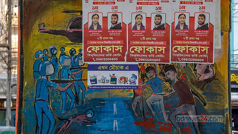 Posters cover up the vibrant graffiti celebrating the July Uprising on a pillar of the Mouchak-Moghbazar Flyover in Dhaka. Photo: Mahmud Zaman Ovi
