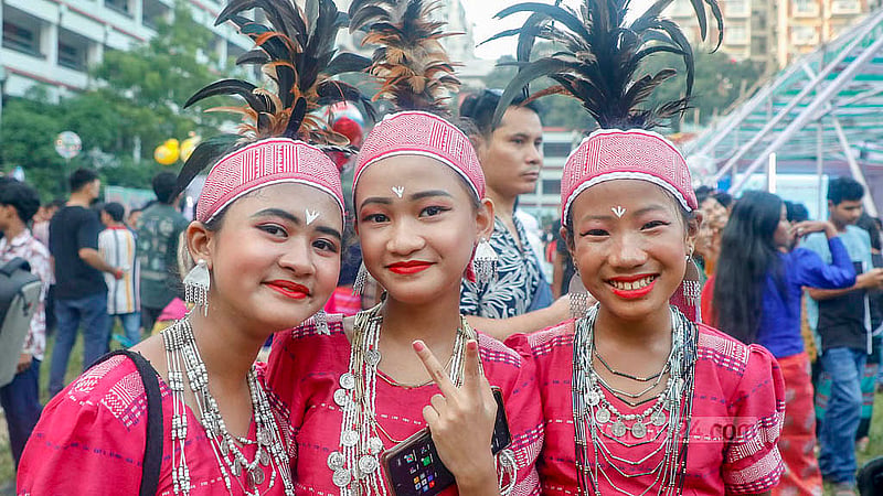 Garo children attending the Wangala festival on Friday, Oct 24, 2025, at the Banani Bidyaniketan School and College grounds in Dhaka were dressed in traditional attire. Photo: Abdullah al Momin