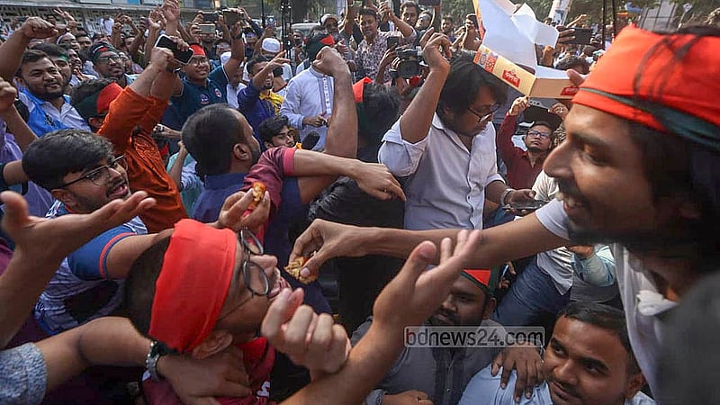 Dhaka University's TSC erupt in student's jubilation after ousted prime minister Sheikh Hasina was sentenced to death for crimes against humanity during the July Uprising. Sweets were also distributed to celebrate the ICT verdict.