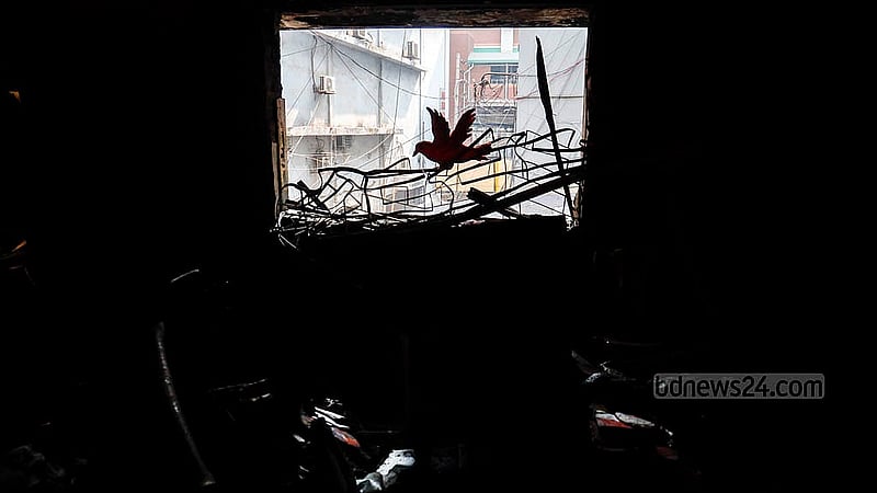 Windows smashed by attackers on the second floor at the central office of Udichi Shilpigosthi. Photo taken on Tuesday, Jan 13, 2026. Photo: Mahmud Zaman Ovi
