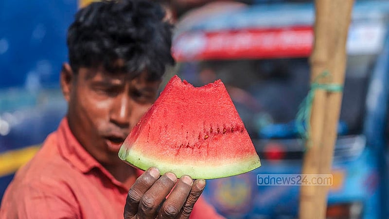 Traders slice open watermelons in the hope of attracting buyers. This photo was taken in the capital’s Sadarghat area. Photo: Abdullah al Momin