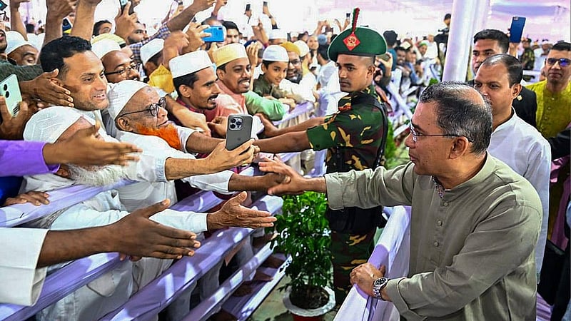 Prime Minister Tarique Rahman exchanges greetings after the Eid-ul-Azha prayers at the National Eidgah on Thursday, May 28, 2026. Photo: PMO