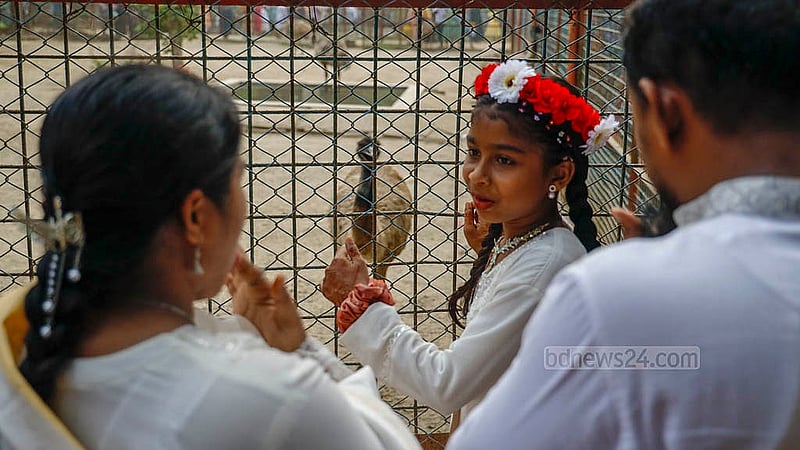 A family watches an ostrich standing outside its cage at the National Zoo in Dhaka's Mirpur a day after Eid on Tuesday, Apr 1, 2025. Photo: Mahmud Zaman Ovi