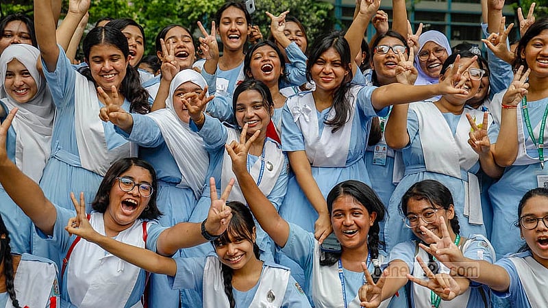 Students of Viqarunnisa Noon School and College show the ‘V’ sign as they celebrate SSC results on Sunday, May 12, 2024.