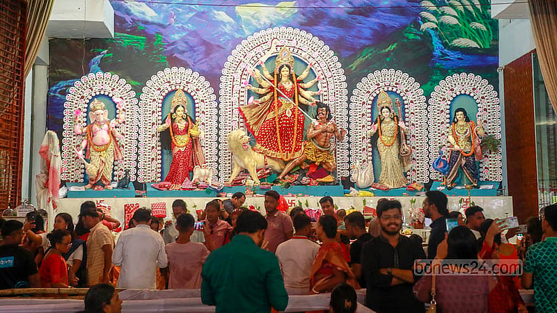 Hindu devotees gathered at the Dhakeshwari National Temple on Thursday, Oct 10, 2024, to perform Saptami rituals on the occasion of Durga Puja.