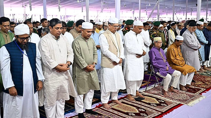 President Md Shahabuddin and Prime Minister Tarique Rahman take part in the main Eid-ul-Azha congregation at the National Eidgah on Thursday, May 28, 2026. Photo: PMO
