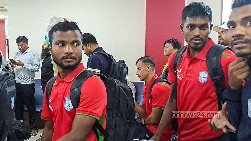The players of the Bangladesh national football team, who travelled to Nepal to play a friendly match and became stranded in Kathmandu amid anti-government protests and violence, are at Tribhuvan International Airport awaiting their flight on Thursday, Sept 11, 2025.