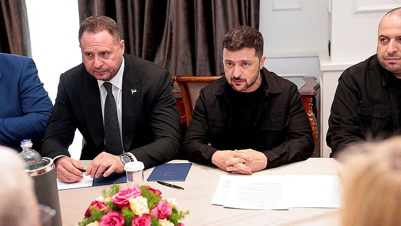 Ukrainian President Volodymyr Zelenskiy and Presidential Office Head Andriy Yermak attend a meeting with US Special Envoy for Ukraine Keith Kellogg, in Rome, Italy, Jul 9, 2025. REUTERS