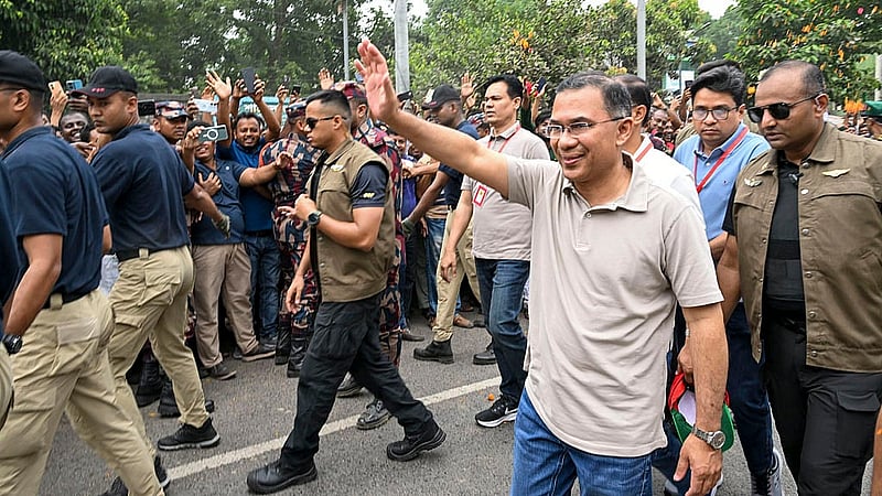 Prime Minister Tarique Rahman waves to the crowd at the inauguration ceremony marking the commencement of the re-excavation of Ulshi Canal in Jashore’s Sharsha on Monday, Apr 27, 2026. Photo: PMO