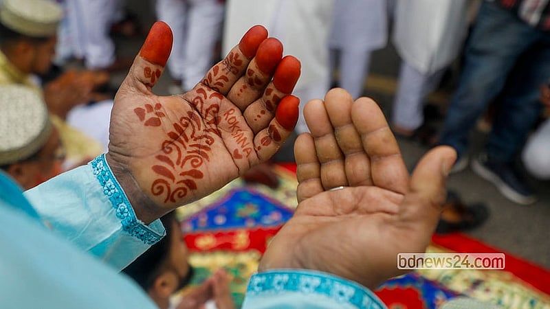 After the Eid-ul-Fitr prayers at the National Eidgah on Saturday, Mar 21, 2026, devotees took part in a prayer for the well-being of the country and the nation. Photo: Abdullah al Momin