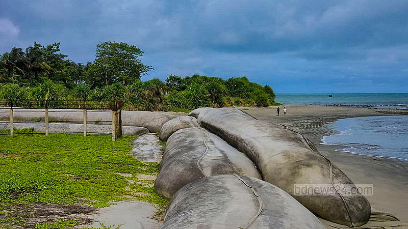 Sand-filled GI sacks have been laid down along the beach on St Martin’s Island to protect it from the ocean waves.