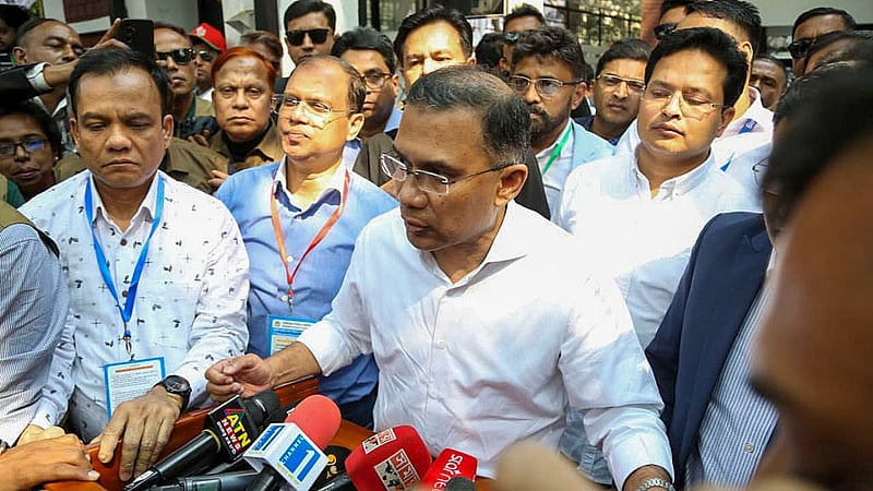 After voting, Tarique Rahman speaks to journalists at the polling centre. Photo: BNP Media Cell