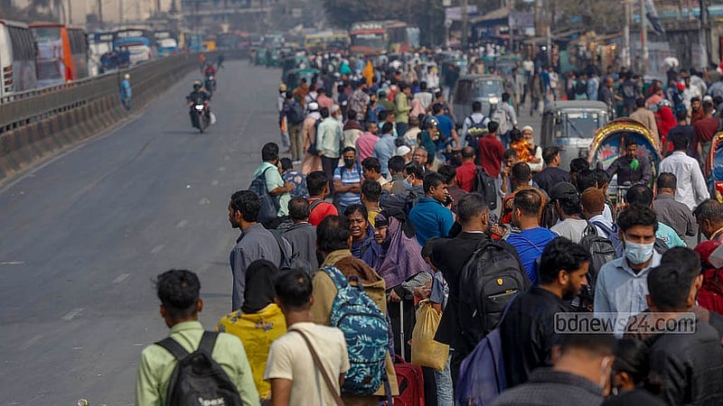 People are leaving Dhaka for the four-day break in the break for the national election. A huge crowd throngs the Gabtoli Bus Terminal in Dhaka on Tuesday, Feb 10, 2026. Photo: Mahmud Zaman Ovi