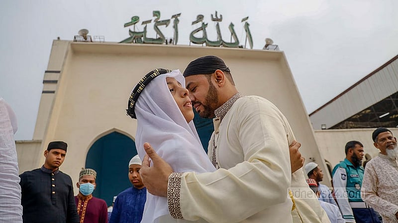 Muslim devotees exchange hugs and embraces after the first Eid-ul-Fitr prayer service at Baitul Mukarram National Mosque on Monday, Mar 31, 2025. Photo: Mahmud Zaman Ovi