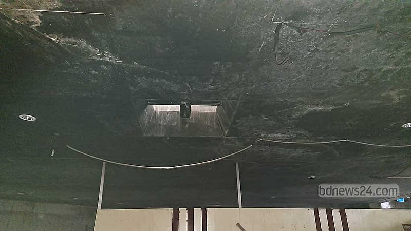 Charred ceiling of the exhibition hall