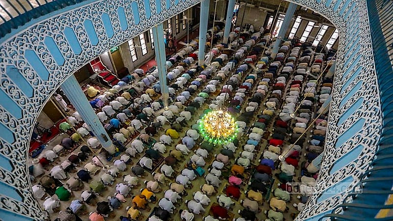 Muslim devotees take part in the first Eid-ul-Azha congregation at Baitul Mukarram National Mosque on Saturday, Jun 7, 2025. Photo: Abdullah al Momin