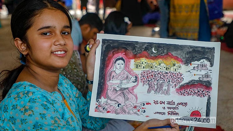 A young artist displays their work following a competition at Dhaka University’s Jagannath Hall on Wednesday, Mar 25, 2026, held to commemorate the victims of the 1971 Black Night. Photo: Abdullah Al Momin