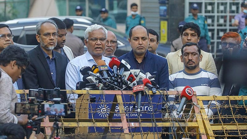 BNP Standing Committee Member and Khaleda Zia's personal physician Dr AZM Zahid Hossain briefed about her condition outside Evercare Hospital on Saturday, Dec 6, 2025.  Photo: Abdullah Al Momin