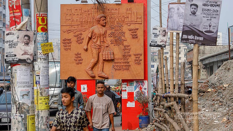 An “Independence Memorial” built by the Dhaka North City Corporation in Badda features Mir Mugdho, who was killed in the July Uprising. Photo: Mahmud Zaman Ovi