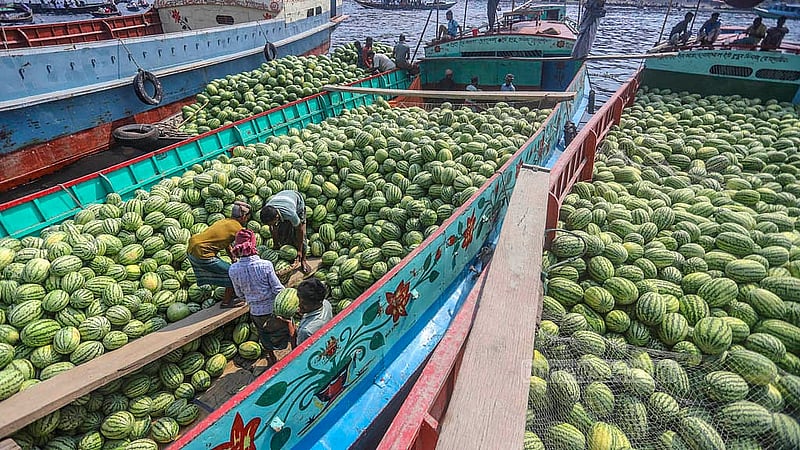 Watermelons arrive at Waisghat along the Buriganga River from the southern parts of the country. Photo: Abdullah al