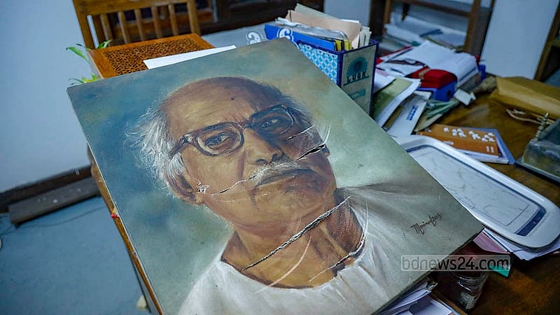 A painting of the cultural organisation’s founder, Waheedul Haq, was among the artworks destroyed in the attack on Chhayanaut. Photo: Mahmud Zaman Ovi