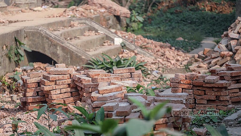The bricks of the partially demolished centennial building have been lined up for sale. Photo: Abdullah al Momin