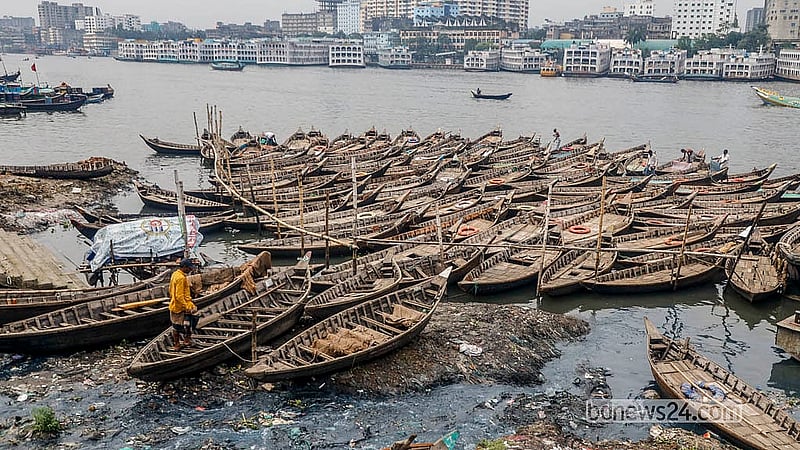 Ferry boats are lined up for repair at Keraniganj’s Telghat. Photo: Abdullah Al Momin