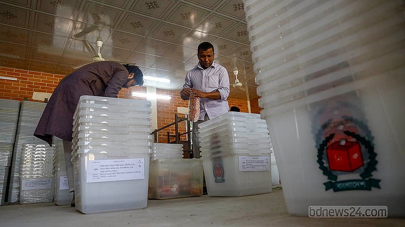 Ballot boxes and other equipment are being assembled for the national election at the Azimpur Government Girls’ School and College centre in Dhaka on Feb 9, 2026. All equipment, including the ballot boxes, will be dispatched to centres before the election. Photo: Mahmud Zaman Ovi