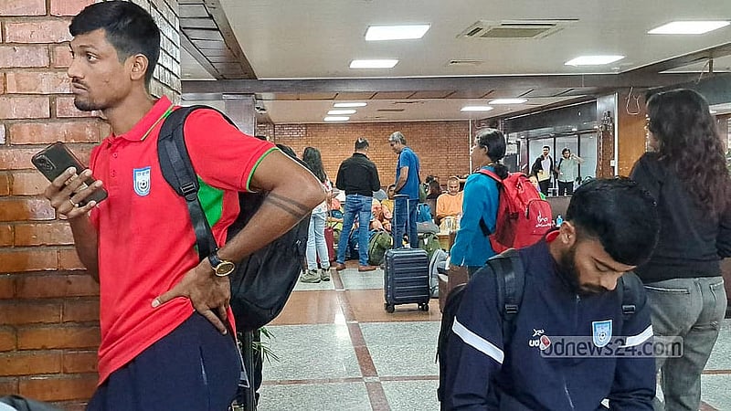 The players of the Bangladesh national football team, who travelled to Nepal to play a friendly match and became stranded in Kathmandu amid anti-government protests and violence, are at Tribhuvan International Airport awaiting their flight on Thursday, Sept 11, 2025.
