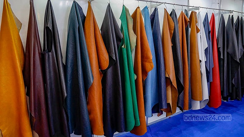 Different types of processed leather are on display at a stall at the Leathertech Bangladesh 2024 exhibition. Photo: Mahmud Zaman Ovi