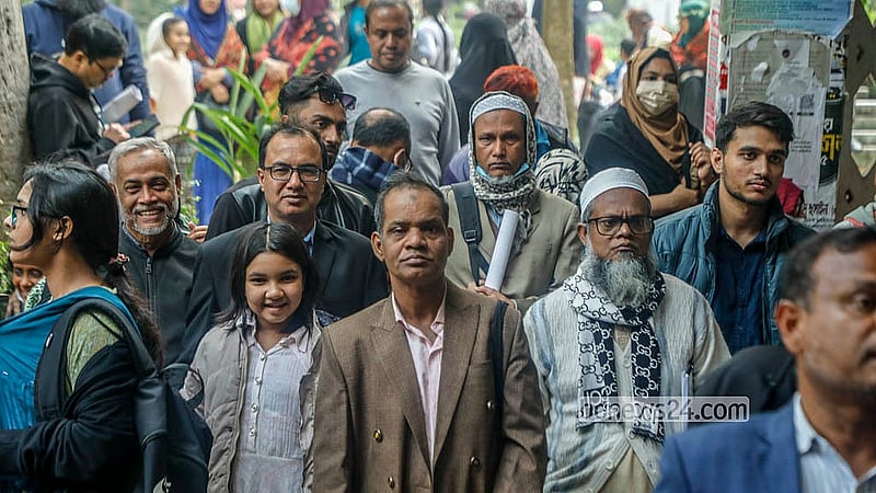 Relatives wait outside as students sit the Dhaka University Faculty of Science admission test for the 2025–26 academic year on Saturday, Dec 27, 2025. Photo: Abdullah Al Momin