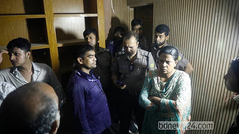 Students confine Bright School Founding Chairman Masud Hasan Liton and Principal Md Maidur Rahman Gem on the campus while demanding accountability for Sabikun Nahar’s death.  Photo: Abdullah Al Momin