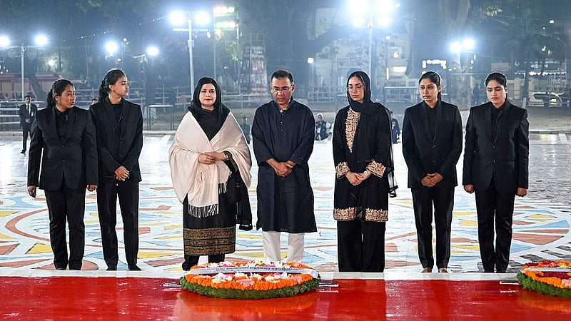 Prime Minister Tarique Rahman, accompanied by his wife Zubaida Rahman and daughter Zaima Rahman, pays homage to the language martyrs at the Central Shaheed Minar in the first hours of Shaheed Day and International Mother Language Day.