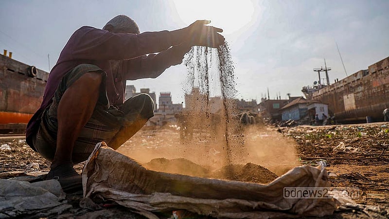 Brass is also used alongside iron to repair or build ships. Matiur Rahman works to find brass during ship repairs at the Keraniganj dockyard. Photo: Mahmud Zaman Ovi