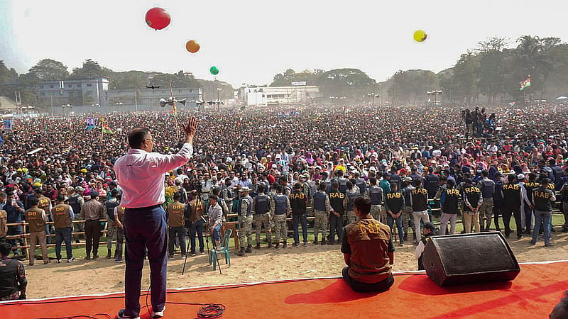 BNP Chairman Tarique Rahman attends a campaign rally at Chattogram’s Polo Ground on Sunday, Jan 25, 2026. Photo: BNP Media Cell